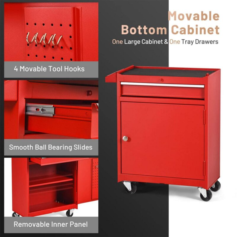 Aukfa Tool Box, 2 in 1 Steel Rolling Tool Chest and Cabinet On Wheels for Garage, 5-drawer, Red - Image 9