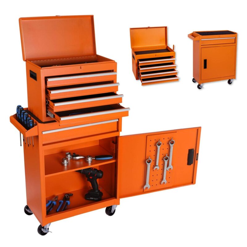 Aukfa Tool Box, 2-in-1 Rolling Tool Chest and Cabinet on Wheels for Garage Workshop, 5-Drawer, Orange - Image 10