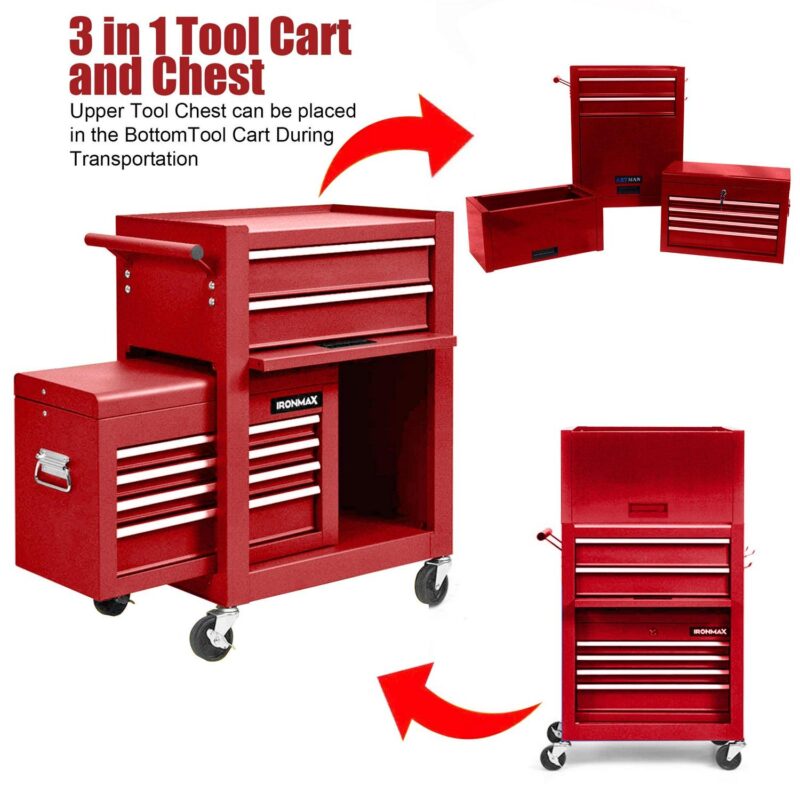 Aukfa Tool Box, 3 in 1 Steel Rolling Tool Chest w/ 6-Drawers and 2 Cabinet for Garage Workshop, Red - Image 3