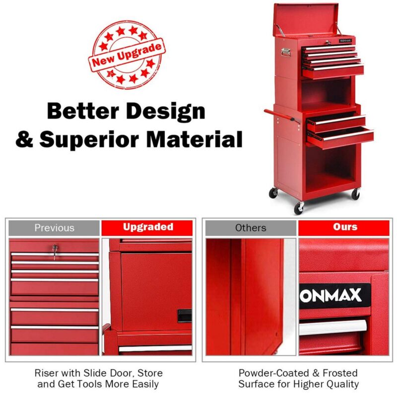 Aukfa Tool Box, 3 in 1 Steel Rolling Tool Chest w/ 6-Drawers and 2 Cabinet for Garage Workshop, Red - Image 5