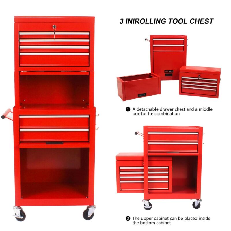Aukfa Tool Box, 3 in 1 Steel Rolling Tool Chest w/ 6-Drawers and 2 Cabinet for Garage Workshop, Red - Image 10