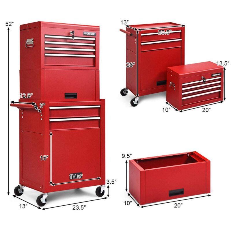 Aukfa Tool Box, 3 in 1 Steel Rolling Tool Chest w/ 6-Drawers and 2 Cabinet for Garage Workshop, Red - Image 6