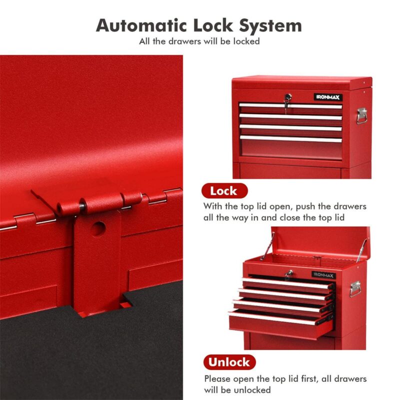 Aukfa Tool Box, 3 in 1 Steel Rolling Tool Chest w/ 6-Drawers and 2 Cabinet for Garage Workshop, Red - Image 4