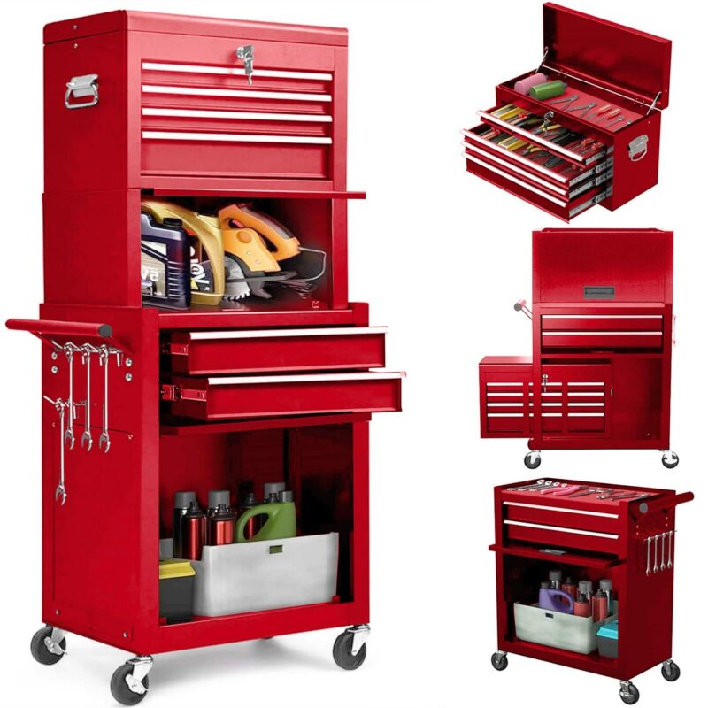 Aukfa Tool Box, 3 in 1 Steel Rolling Tool Chest w/ 6-Drawers and 2 Cabinet for Garage Workshop, Red