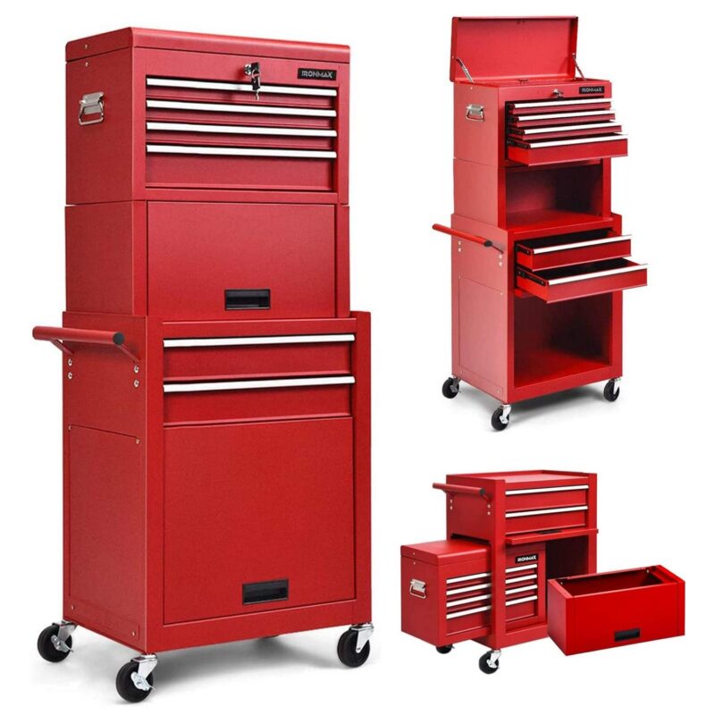 Aukfa Tool Box, 3 in 1 Steel Rolling Tool Chest w/ 6-Drawers and 2 Cabinet for Garage Workshop, Red - Image 7