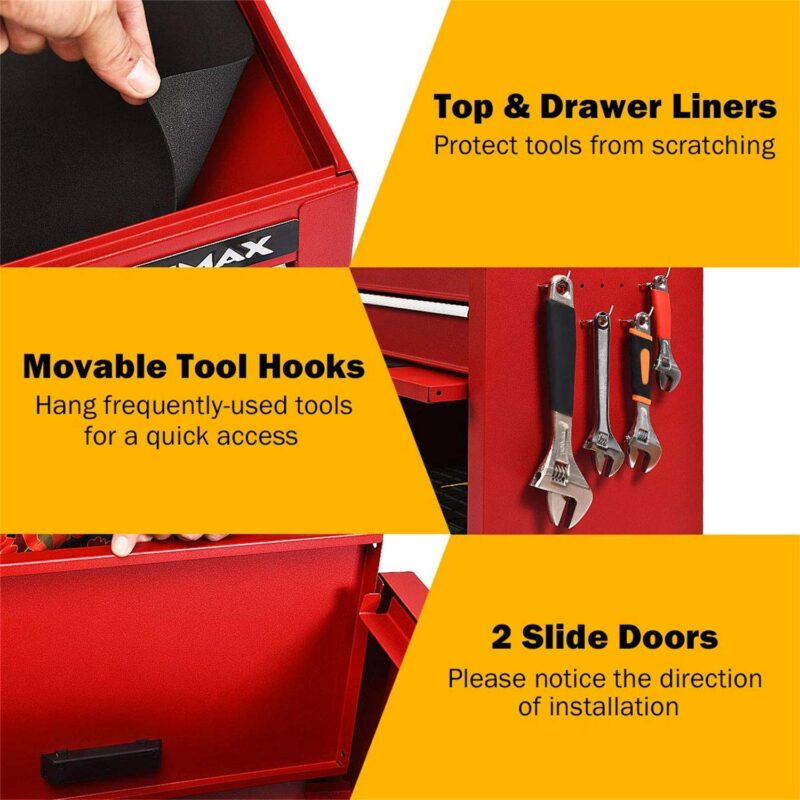 Aukfa Tool Box, 3 in 1 Steel Rolling Tool Chest w/ 6-Drawers and 2 Cabinet for Garage Workshop, Red - Image 8