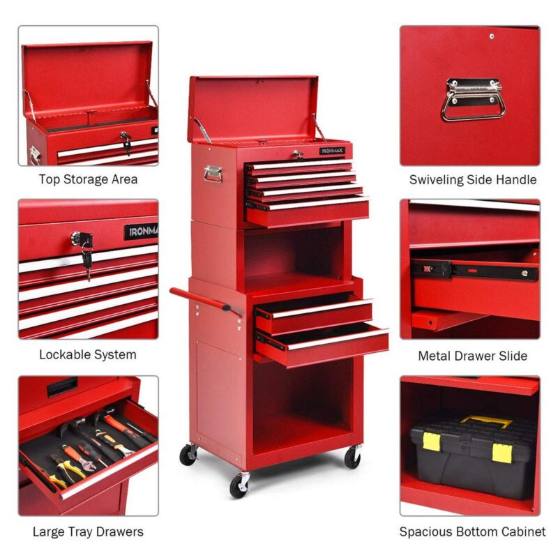 Aukfa Tool Box, 3 in 1 Steel Rolling Tool Chest w/ 6-Drawers and 2 Cabinet for Garage Workshop, Red - Image 12