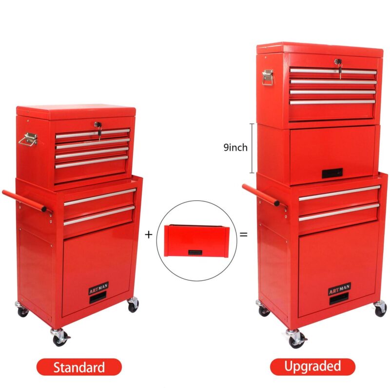 Aukfa Tool Box, 3 in 1 Steel Rolling Tool Chest w/ 6-Drawers and 2 Cabinet for Garage Workshop, Red - Image 9