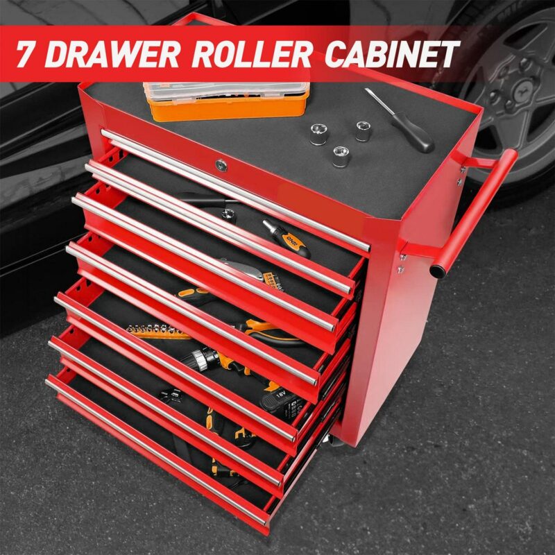 Aukfa Tool Chest, 24.5 in 7-Drawer Steel Rolling Tool Box on Wheels for Workshop Garage, Red - Image 9