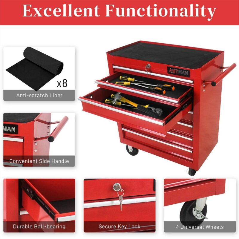 Aukfa Tool Chest, 24.5 in 7-Drawer Steel Rolling Tool Box on Wheels for Workshop Garage, Red - Image 3
