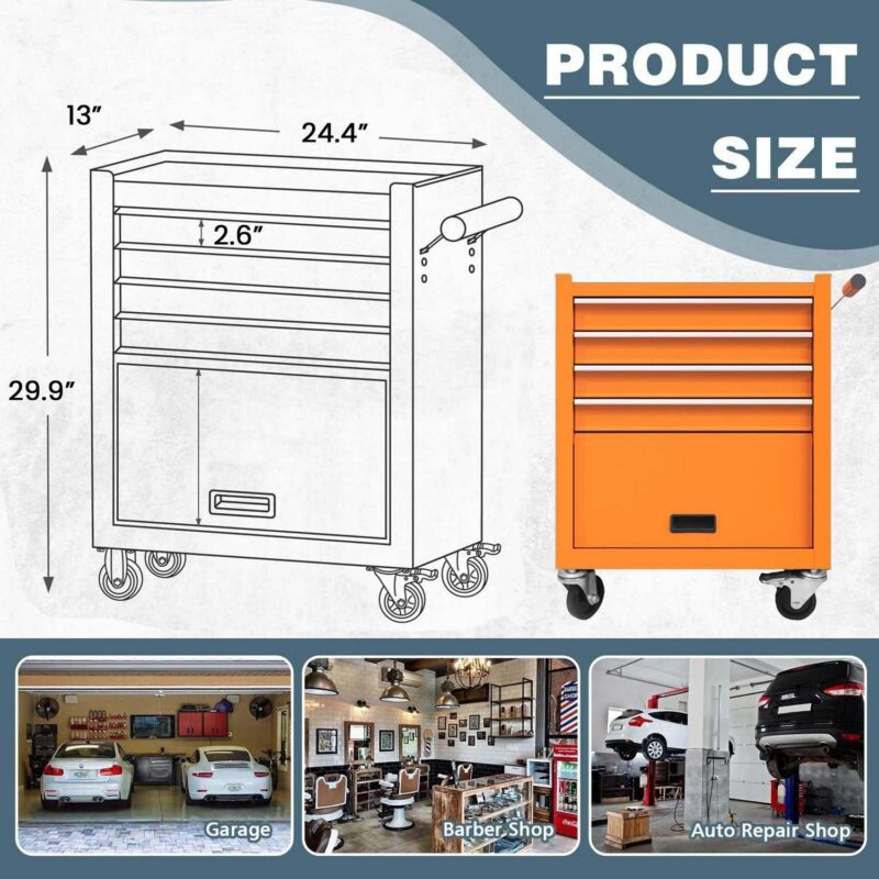 Aukfa Tool Chest, 24.5 in Steel Rolling Tool Box and Cabinet On Wheels for Garage, 4-Drawer, Orange - Image 2