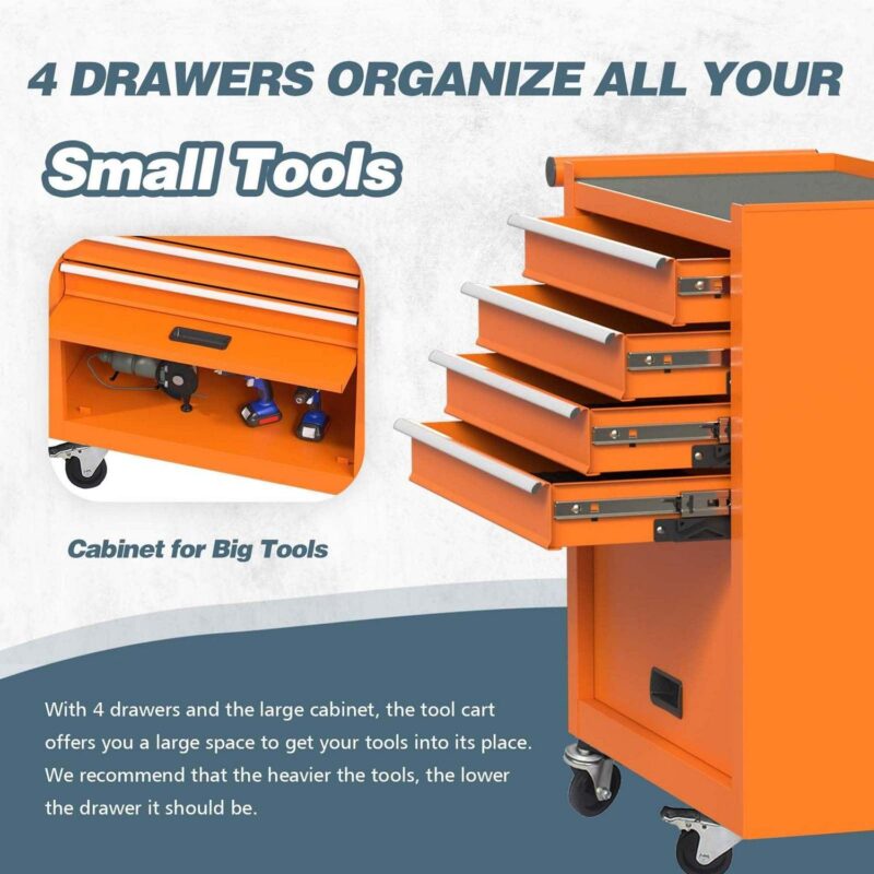 Aukfa Tool Chest, 24.5 in Steel Rolling Tool Box and Cabinet On Wheels for Garage, 4-Drawer, Orange - Image 4