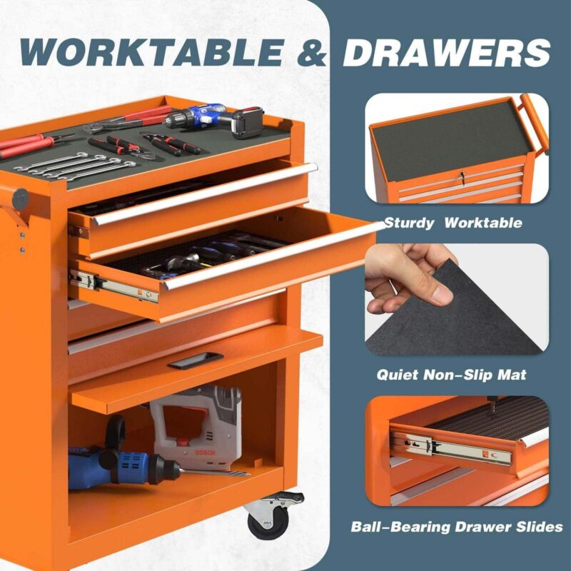 Aukfa Tool Chest, 24.5 in Steel Rolling Tool Box and Cabinet On Wheels for Garage, 4-Drawer, Orange - Image 3