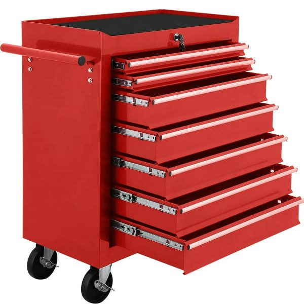 Aukfa Tool Chest, 24.5 in 7-Drawer Steel Rolling Tool Box on Wheels for Workshop Garage, Red