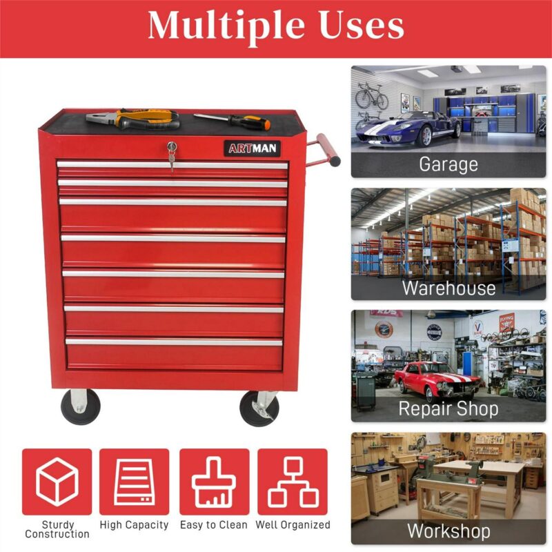 Aukfa Tool Chest, 24.5 in 7-Drawer Steel Rolling Tool Box on Wheels for Workshop Garage, Red - Image 5