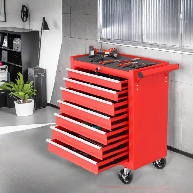 Aukfa Tool Chest, 24.5 in 7-Drawer Steel Rolling Tool Box on Wheels for Workshop Garage, Red - Image 6