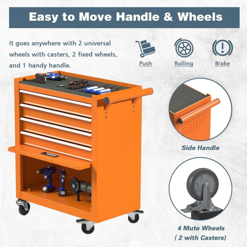 Aukfa Tool Chest, 24.5 in Steel Rolling Tool Box and Cabinet On Wheels for Garage, 4-Drawer, Orange - Image 6