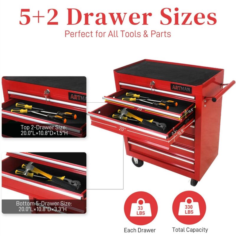 Aukfa Tool Chest, 24.5 in 7-Drawer Steel Rolling Tool Box on Wheels for Workshop Garage, Red - Image 4