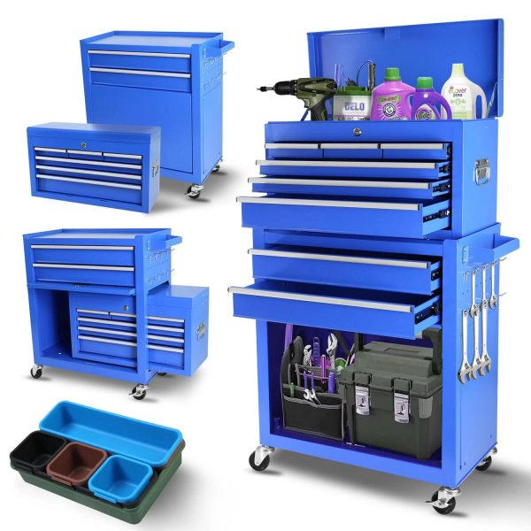 Aukfa Tool Chest, 2 in 1 Steel Rolling Tool Box and Cabinet on Wheels for Garage, 8-Drawers, Blue