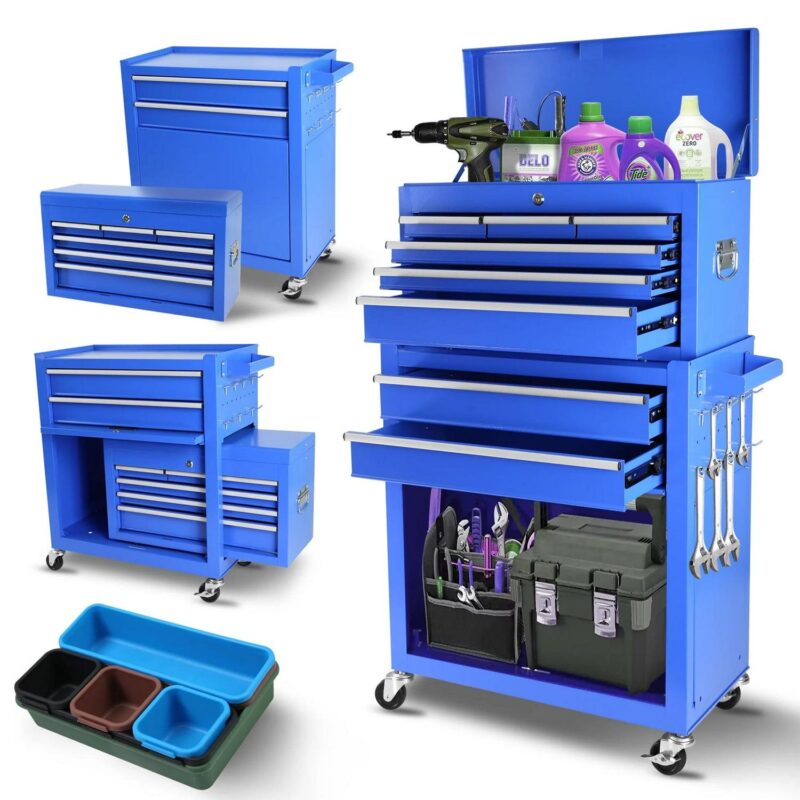 Aukfa Tool Chest, 2 in 1 Steel Rolling Tool Box and Cabinet on Wheels for Garage, 8-Drawers, Blue
