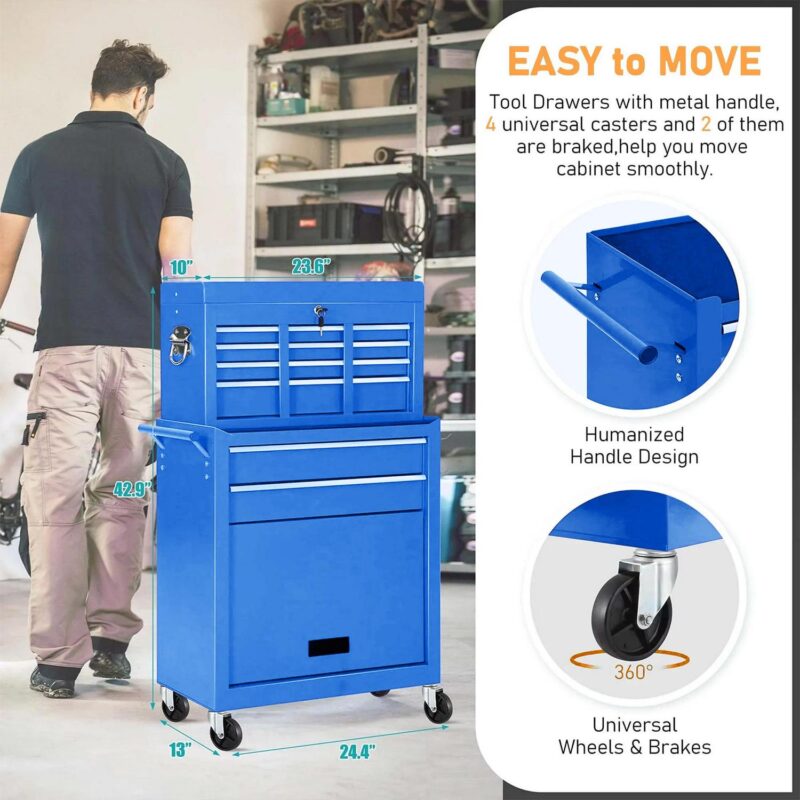 Aukfa Tool Chest, 2 in 1 Steel Rolling Tool Box and Cabinet on Wheels for Garage, 8-Drawers, Blue - Image 5