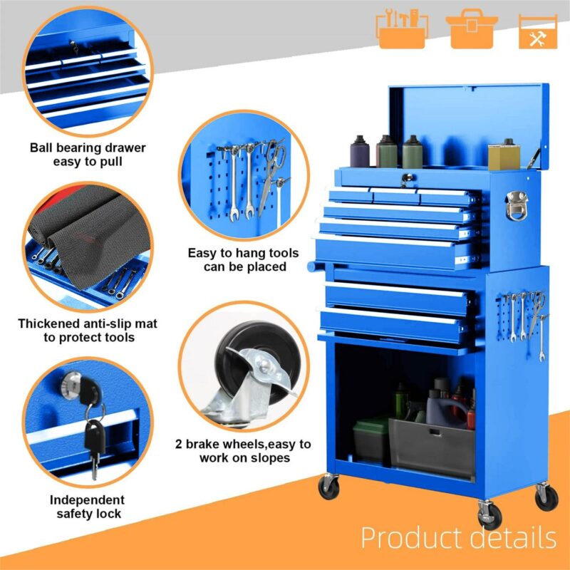 Aukfa Tool Chest, 2 in 1 Steel Rolling Tool Box and Cabinet on Wheels for Garage, 8-Drawers, Blue - Image 3