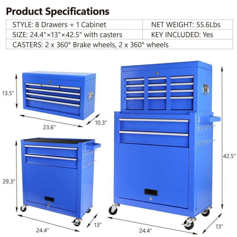 Aukfa Tool Chest, 2 in 1 Steel Rolling Tool Box and Cabinet on Wheels for Garage, 8-Drawers, Blue - Image 8