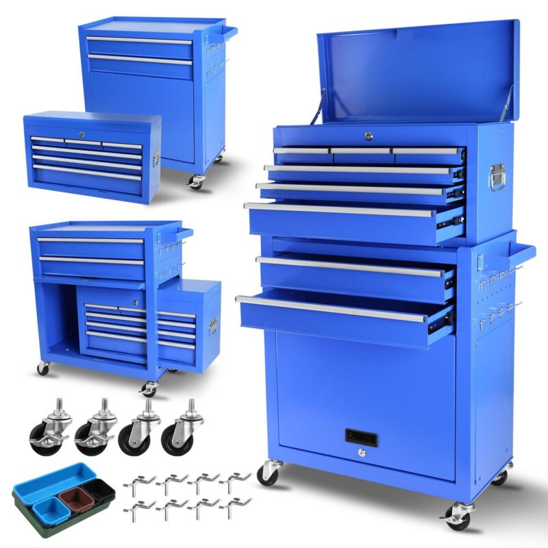 Aukfa Tool Chest, 2 in 1 Steel Rolling Tool Box and Cabinet on Wheels for Garage, 8-Drawers, Blue - Image 10