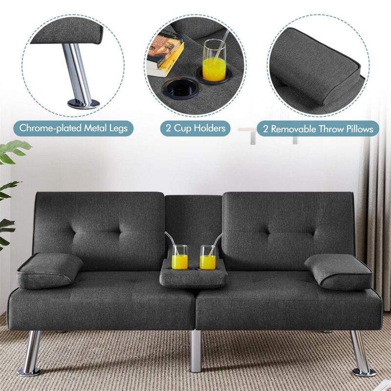 Aukfa Tufted Futon Convertible Sofa Bed for Home Office, 2 Cup Holders, Linen, Gray - Image 11
