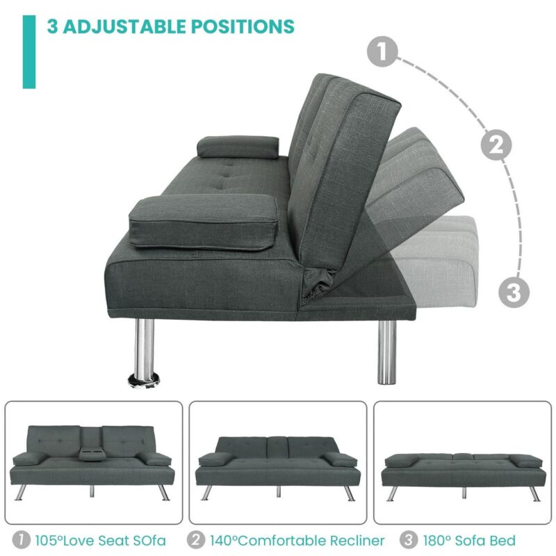 Aukfa Tufted Futon Convertible Sofa Bed for Home Office, 2 Cup Holders, Linen, Gray - Image 6