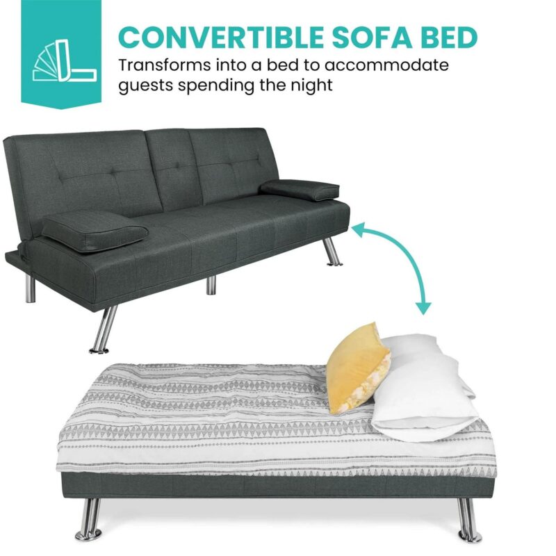 Aukfa Tufted Futon Convertible Sofa Bed for Home Office, 2 Cup Holders, Linen, Gray - Image 2