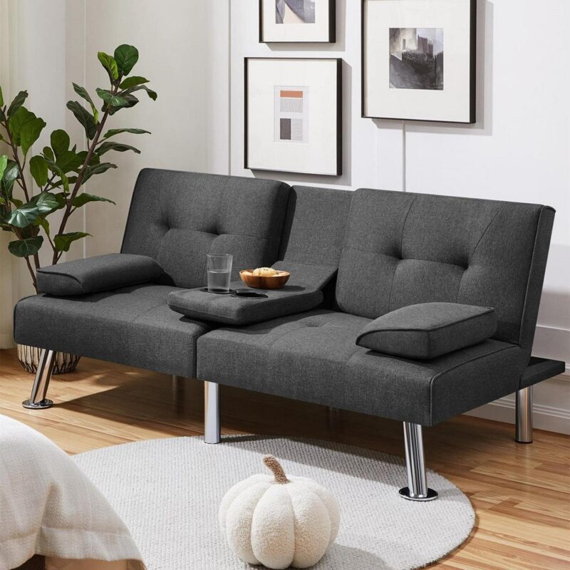 Aukfa Tufted Futon Convertible Sofa Bed for Home Office, 2 Cup Holders, Linen, Gray - Image 4