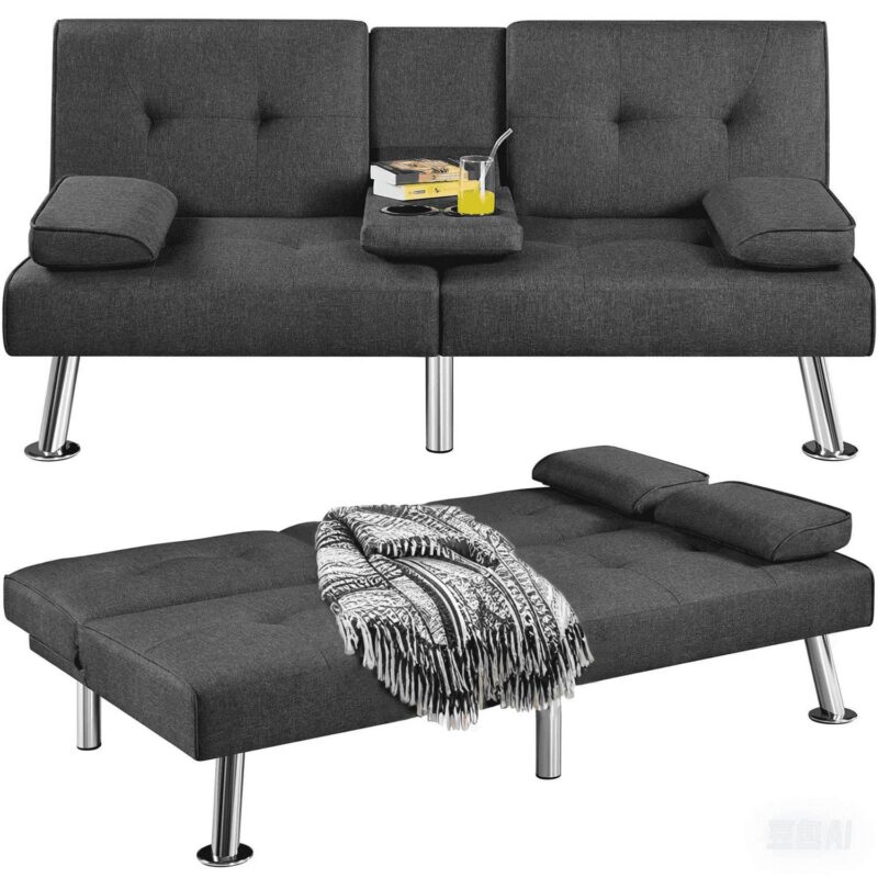 Aukfa Tufted Futon Convertible Sofa Bed for Home Office, 2 Cup Holders, Linen, Gray