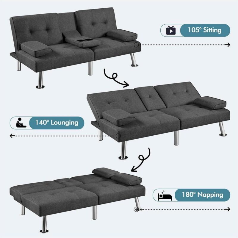 Aukfa Tufted Futon Convertible Sofa Bed for Home Office, 2 Cup Holders, Linen, Gray - Image 5