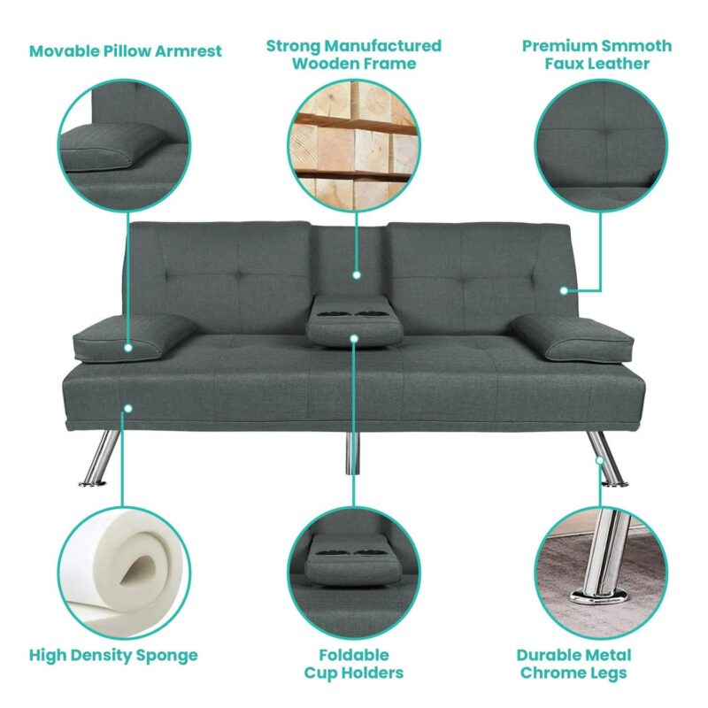 Aukfa Tufted Futon Convertible Sofa Bed for Home Office, 2 Cup Holders, Linen, Gray - Image 3