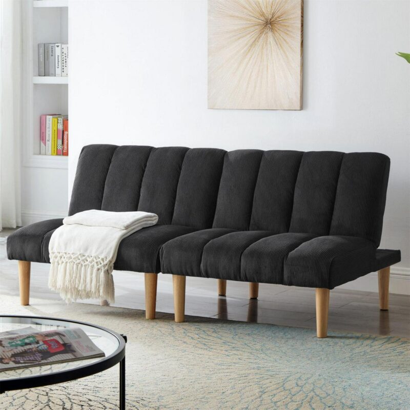 Aukfa Upholstered Futon Convertible Sofa Bed 8 Legs Futon Couch, Corduroy, Black