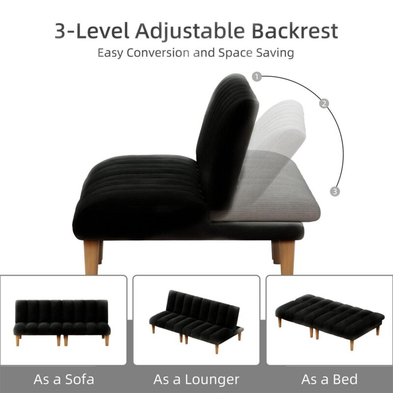 Aukfa Upholstered Futon Convertible Sofa Bed 8 Legs Futon Couch, Corduroy, Black - Image 2