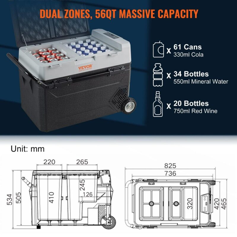 BENTISM Car Refrigerator 56Qt, 12v Portable Freezer with Dual Zone, 12/24V DC and 110-240V AC Electric Cooler with -4a -50a Cooling Range, for Car Truck Vehicle RV Boat Outdoor and Home use - Image 8