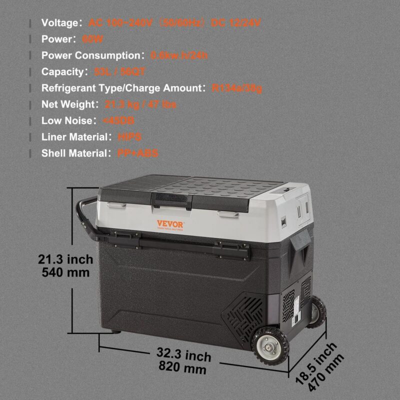 BENTISM Car Refrigerator 56Qt, 12v Portable Freezer with Dual Zone, 12/24V DC and 110-240V AC Electric Cooler with -4a -50a Cooling Range, for Car Truck Vehicle RV Boat Outdoor and Home use - Image 3