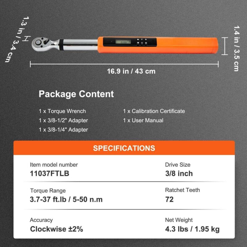 BENTISM Digital Torque Wrench, 3/8  Drive Electronic Torque Wrench, Torque Wrench Kit 3.7-37ft.lb/5-50n.m Torque Range Accurate to A+-2%, 3-Mode Adjustable Torque Wrench Set with LED Buzzer Calibration - Image 7