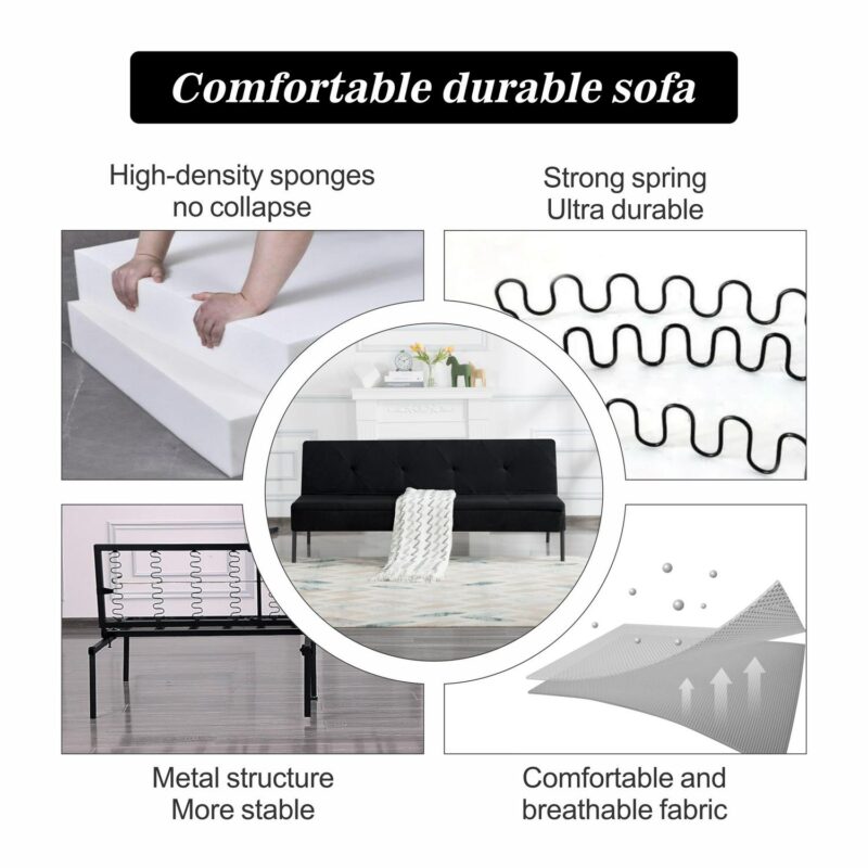 BSHTI 63  Futon Convertible Sofa,Armless,Iron Frame,Five Adjustable Positions Backrest,Space-efficient Design is Ideal for Compact Areas,Black Polyester - Image 8