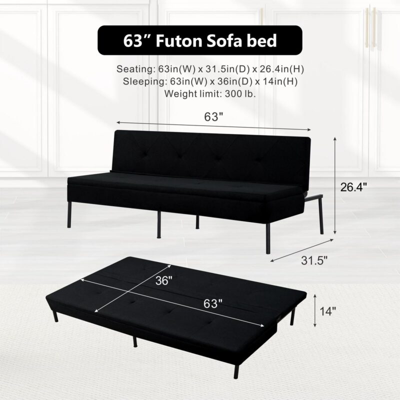 BSHTI 63  Futon Convertible Sofa,Armless,Iron Frame,Five Adjustable Positions Backrest,Space-efficient Design is Ideal for Compact Areas,Black Polyester - Image 7