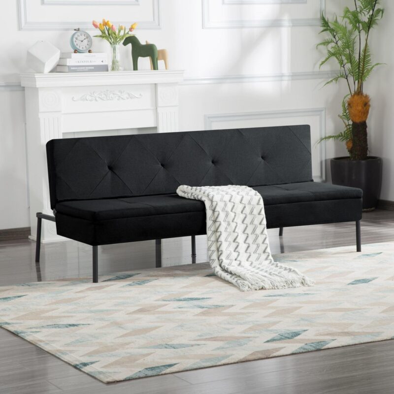 BSHTI 63  Futon Convertible Sofa,Armless,Iron Frame,Five Adjustable Positions Backrest,Space-efficient Design is Ideal for Compact Areas,Black Polyester