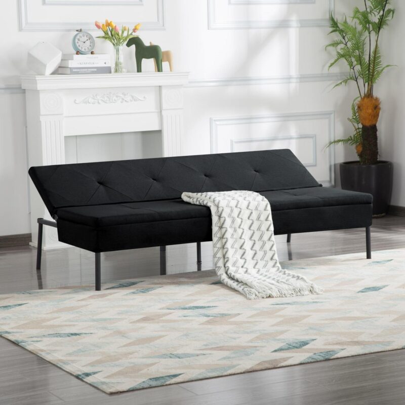 BSHTI 63  Futon Convertible Sofa,Armless,Iron Frame,Five Adjustable Positions Backrest,Space-efficient Design is Ideal for Compact Areas,Black Polyester - Image 2