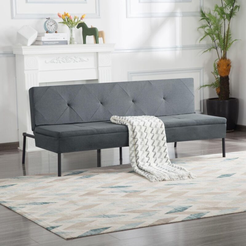 BSHTI 63 inch Futon Sofa Bed,Polyester Fabric Futon Sleeper Sofa with Upholstered for Livingroom,Dark Gray