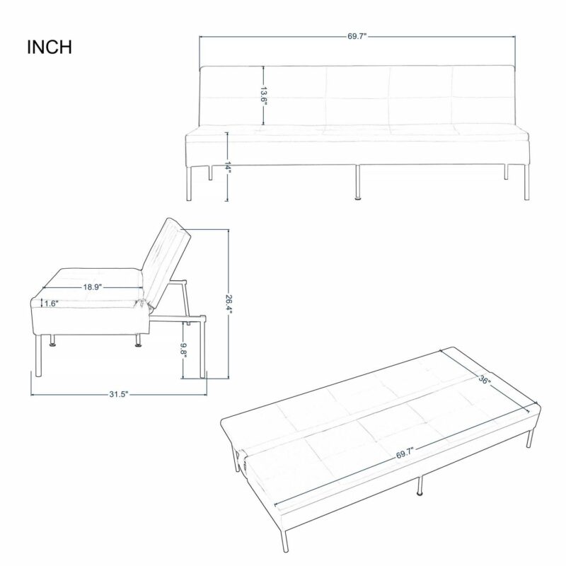 BSHTI 69.5 inch Futon Sofa Bed,Convertible Upholstered Polyester Fabric Sofa Couch for Livingroom(Black) - Image 2