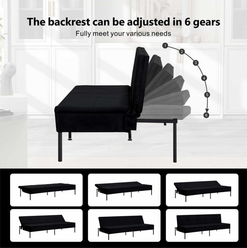 BSHTI 69.5 inch Futon Sofa Bed,Convertible Upholstered Polyester Fabric Sofa Couch for Livingroom(Black) - Image 8