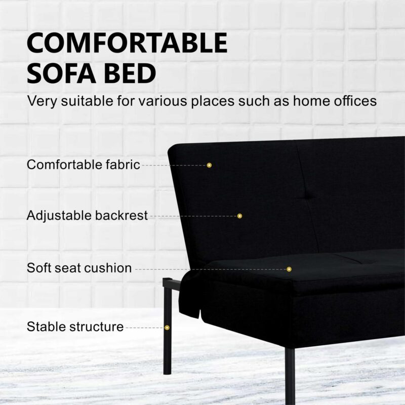 BSHTI 69.5 inch Futon Sofa Bed,Convertible Upholstered Polyester Fabric Sofa Couch for Livingroom(Black) - Image 7