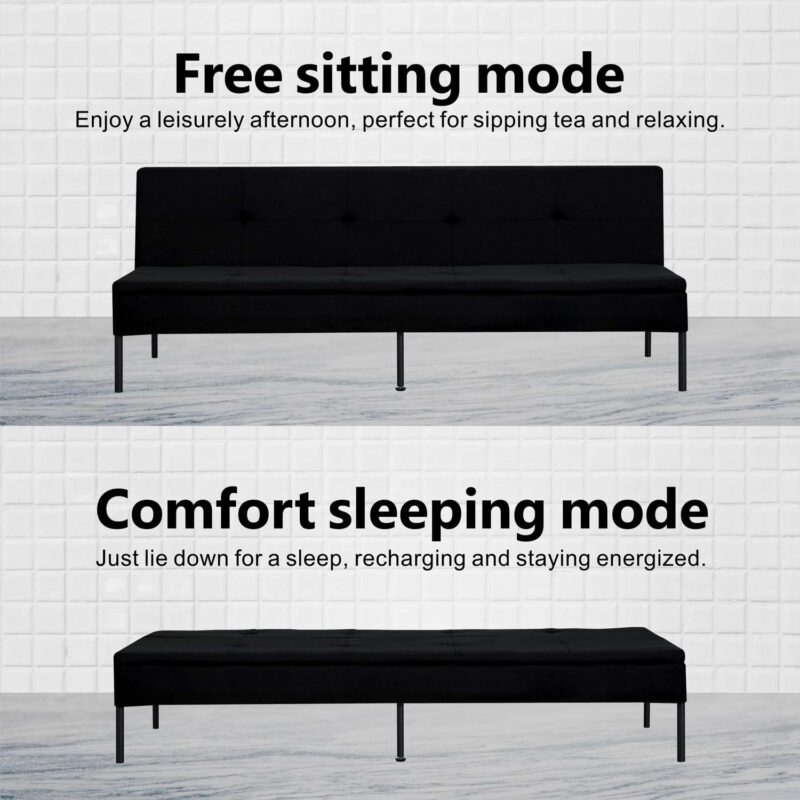 BSHTI 69.5 inch Futon Sofa Bed,Convertible Upholstered Polyester Fabric Sofa Couch for Livingroom(Black) - Image 6
