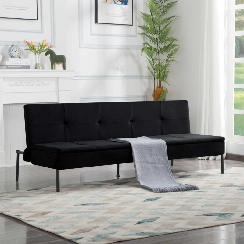 BSHTI 69.5 inch Futon Sofa Bed,Convertible Upholstered Polyester Fabric Sofa Couch for Livingroom(Black)